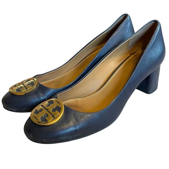 Tory Burch Chelsea Pump in Tory Navy Napa Leather SZ 8 Minimalist Classic GUC - Picture 1 of 10